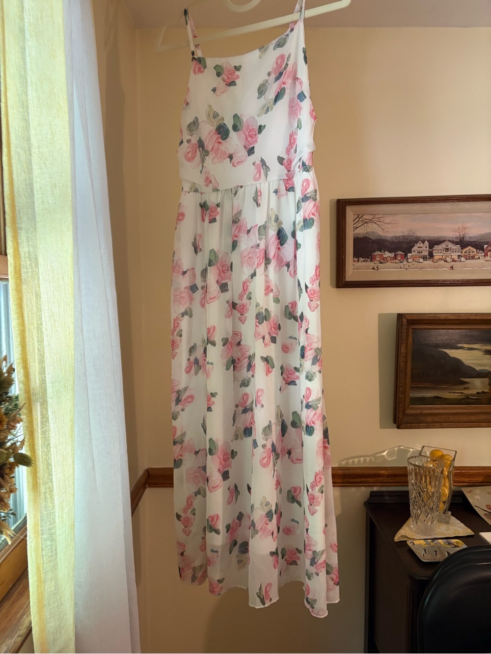 Floral Spaghetti-Strap Midi Dress - White with Pink Roses